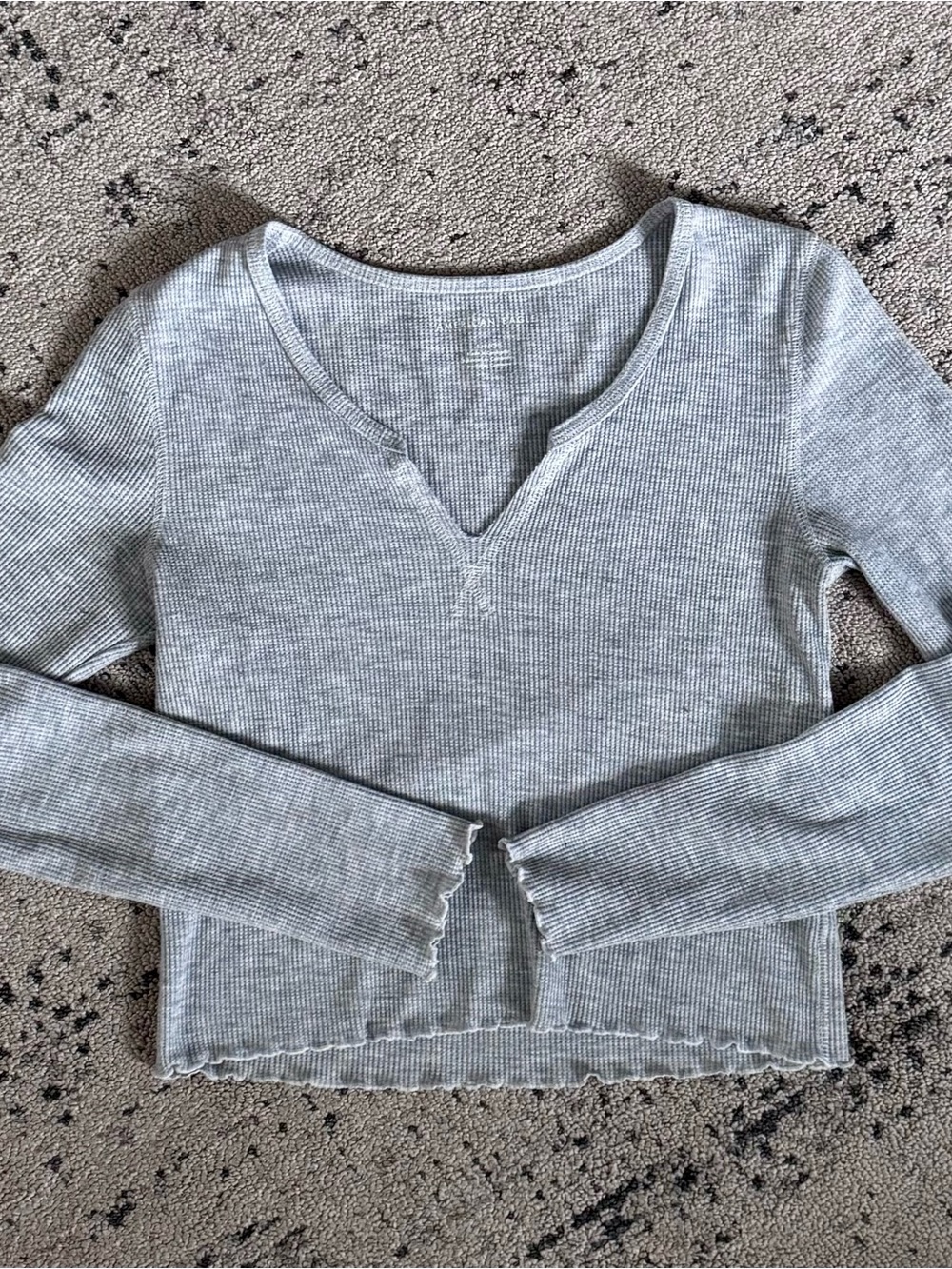 American Eagle Grey Ribbed Split Neck Lettuce Edge Long Sleeve Top S